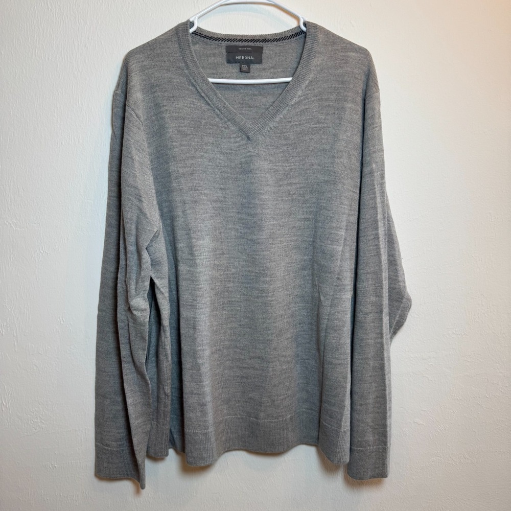 Merona Mens XXL Gray 100% Merino Wool V-Neck Sweater Long Sleeve Fine Knit